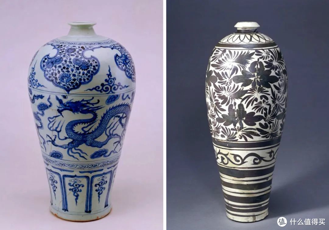 右为金代磁州窑系白底黑花梅瓶,故宫博物院藏;左为元青花云龙纹梅瓶,故宫博物院藏 ©故宫博物院