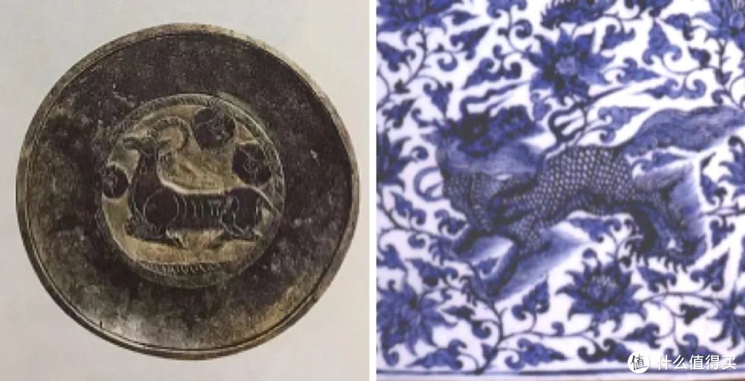 左为8世纪波斯艺术风格山羊纹银盘,俄罗斯艾尔米塔什美术馆藏;右为元青花瑞兽纹四系扁壶局部,伊朗国家博物馆藏。不过,如今收藏最多元青花的土耳其和伊朗,却没有一件瓷器上有人物纹,这和伊斯兰教严禁偶像崇拜有关。 ©网络