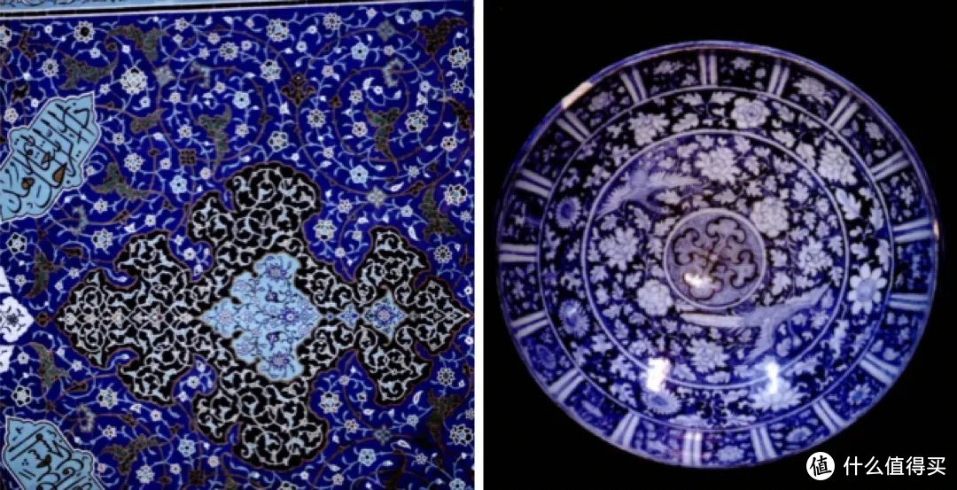 左为伊朗伊斯法罕聚礼清真寺墙上的装饰;右为伊朗国家博物馆藏元青花飞凤花卉纹碗 ©网络